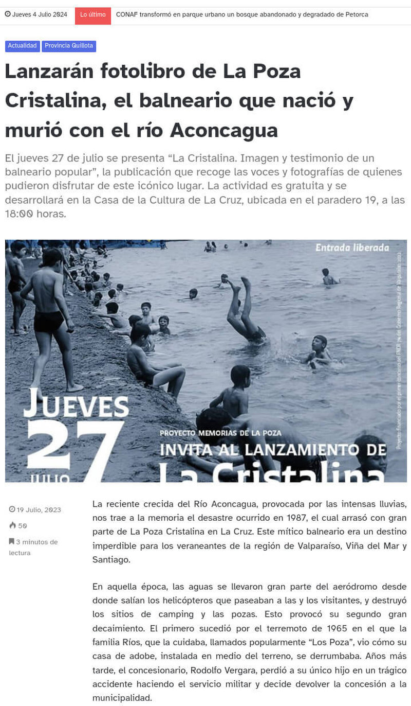 Nota de periódico que dice Lanzarán fotolibro de La Poza Cristalina, el balneario que nació y murió con el río Aconcagua