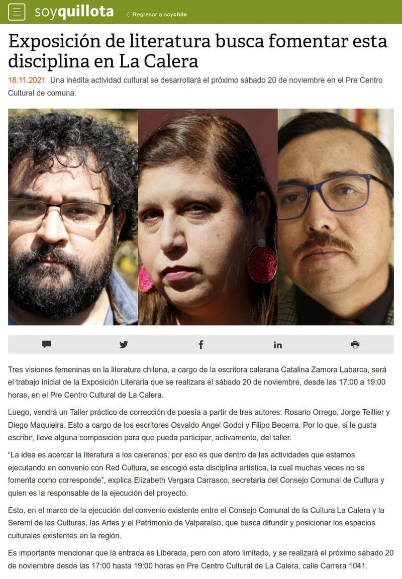 Nota de periódico que dice Exposición de literatura busca fomentar esta disciplina en La Calera, con los rostros de dos hombres con lentes y una mujer